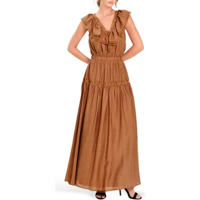Flying Tomato Lace Trim Ruffle Maxi Dress In Brown