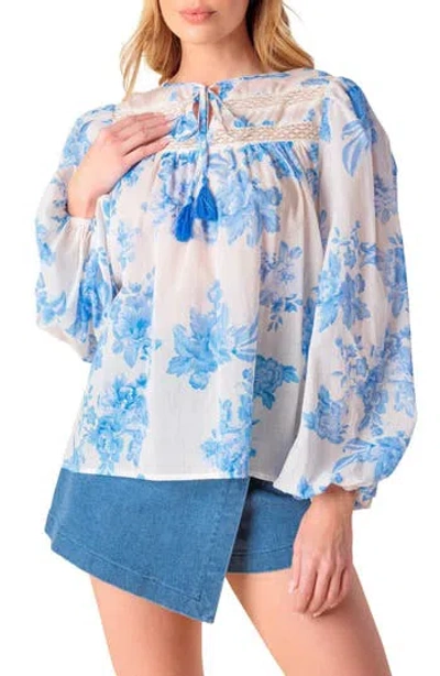 Flying Tomato Lace Trim Split Neck Top In Blue