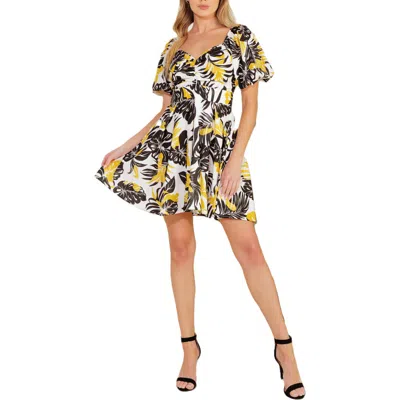 Flying Tomato Leaf Print Puff Sleeve Fit & Flare Dress In Black