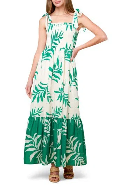 Flying Tomato Leaf Print Tie Strap Tiered Maxi Dress In Green