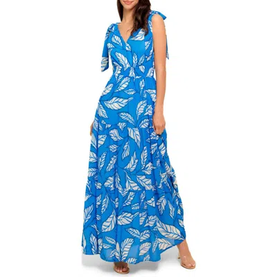 Flying Tomato Leaf Print Tie Strap Tiered Maxi Dress In Blue