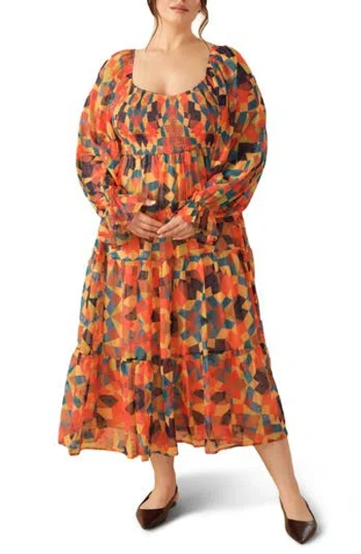 Flying Tomato Long Sleeve Clip Dot Chiffon Midi Dress In Orange