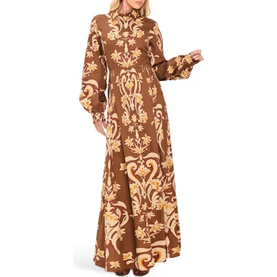 Flying Tomato Long Sleeve Cotton Maxi Shirtdress In Brown