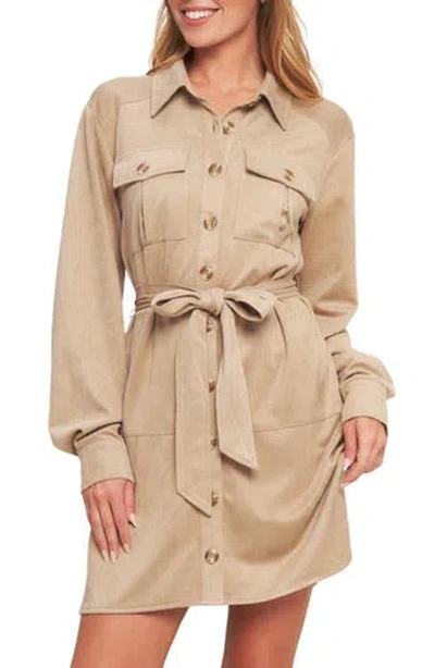 Flying Tomato Long Sleeve Faux Suede Shirtdress In Neutral