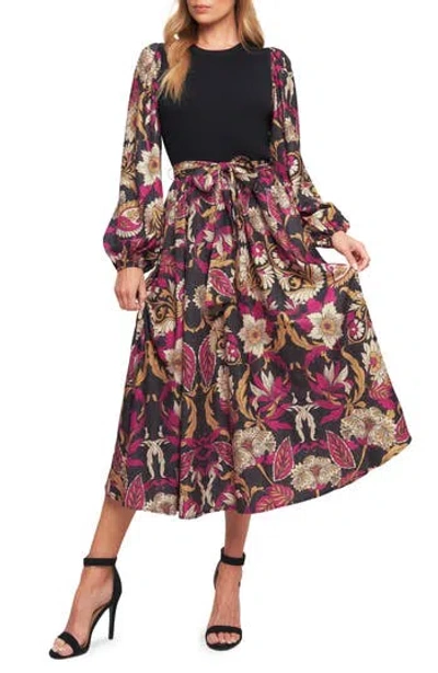 Flying Tomato Long Sleeve Mixed Media Fit & Flare Dress In Multi