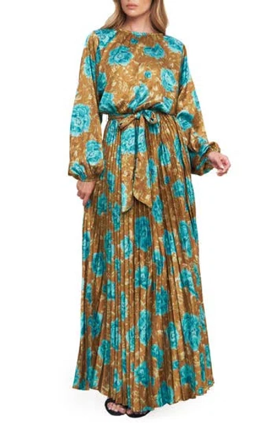 Flying Tomato Long Sleeve Print Pleated Maxi Dress In Brown
