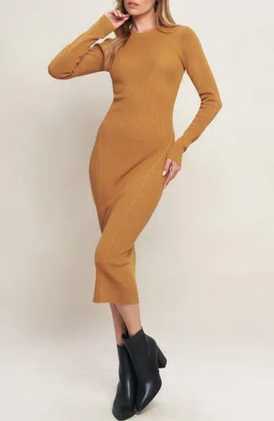 Flying Tomato Long Sleeve Rib Knit Midi Dress In Brown