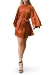 Flying Tomato Long Sleeve Satin Minidress In Brown