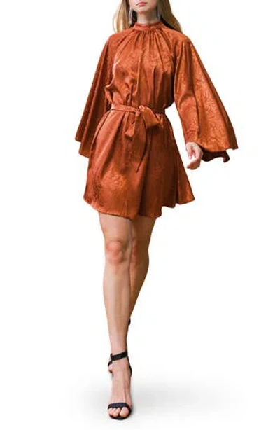 Flying Tomato Long Sleeve Satin Minidress In Brown