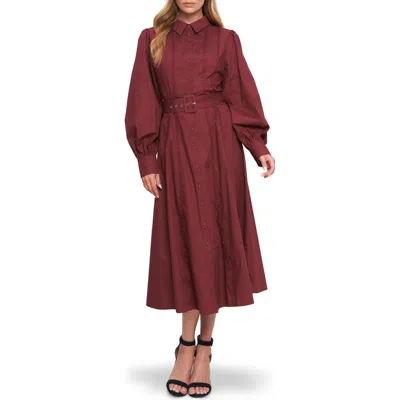 Flying Tomato Long Sleeve Solid Midi Shirtdress In Burgundy