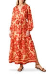 Flying Tomato Long Sleeve Textured Midi Dress In Taupe Red