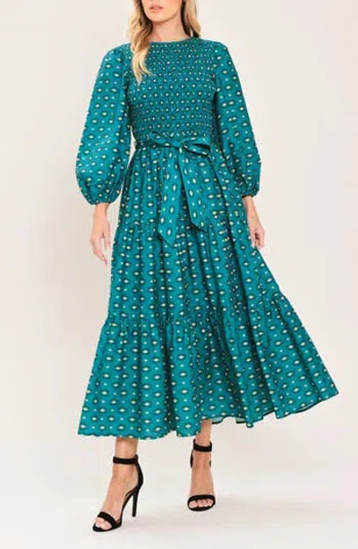 Flying Tomato Long Sleeve Tiered Cotton Maxi Dress In Teal