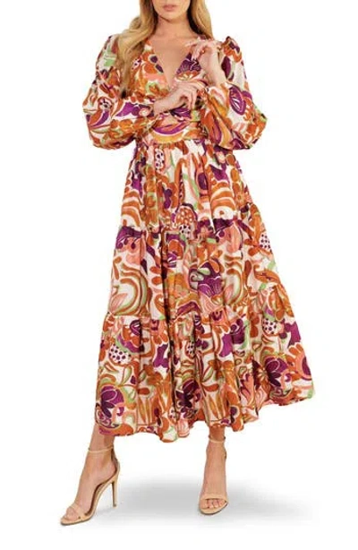 Flying Tomato Long Sleeve Tiered Midi Dress In Multi