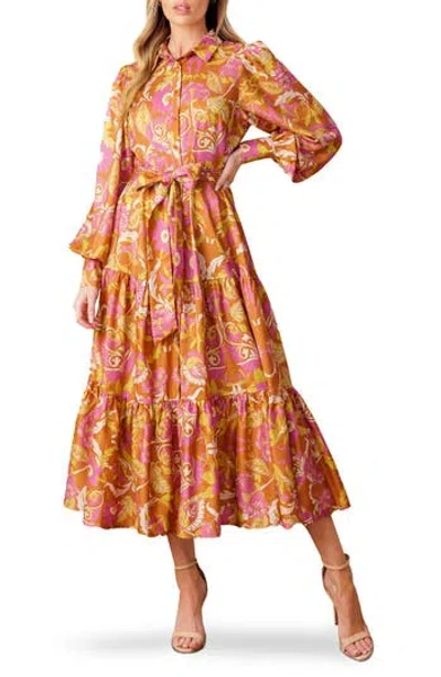 Flying Tomato Long Sleeve Tiered Shirtdress In Rust