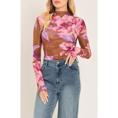 Flying Tomato Mesh Mock Neck Top In Brown Pink Multi