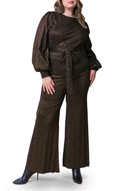 Flying Tomato Metallic Balloon Sleeve Sweater & Pants Set In Brown