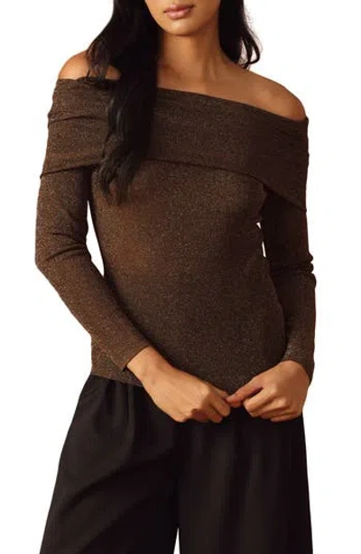 Flying Tomato Metallic Foldover Off The Shoulder Sweater In Brown