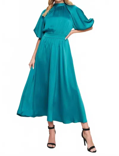 Flying Tomato Mock Neck Bell Sleeve Satin Effect Midi Dress In Turquoise In Blue