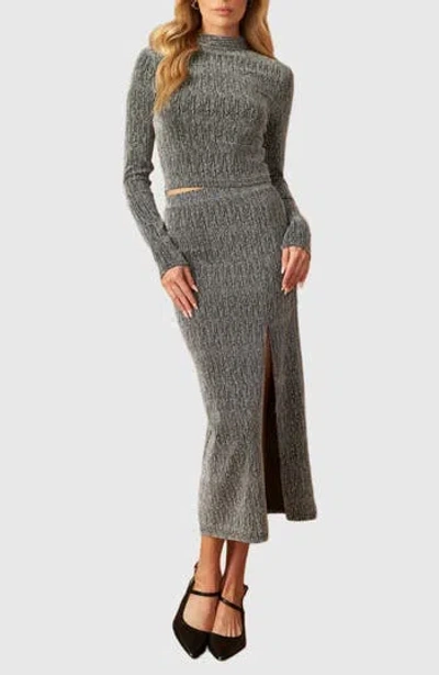 Flying Tomato Mock Neck Crop Top & Midi Skirt Set In Silver