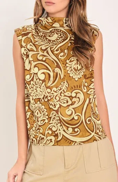 Flying Tomato Mock Neck Sleeveless Print Top In Brown