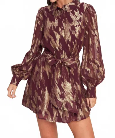 Flying Tomato Muse Metallic Print Long Sleeve Collared Mini Dress In Burgundy Multi In Brown
