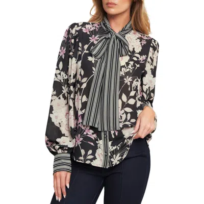 Flying Tomato Neck Tie Long Sleeve Woven Top In Black