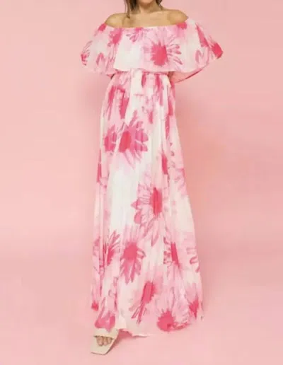 Flying Tomato Off Shoulder Pleated Maxi Dress In Pink In White