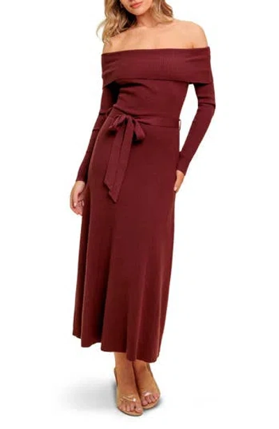 Flying Tomato Off The Shoulder Long Sleeve Sweater Dress In Burgundy