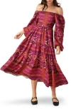 Flying Tomato Off The Shoulder Long Sleeve Tiered Midi Dress In Multi