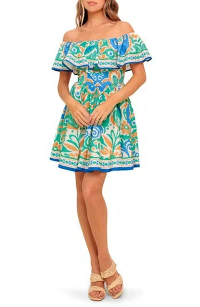Flying Tomato Off-the-shoulder Print Mini Dress In Blue