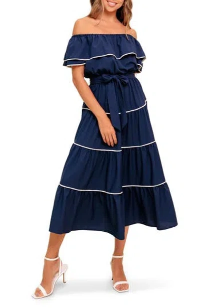 Flying Tomato Off-the-shoulder Tiered Midi Dress In Blue