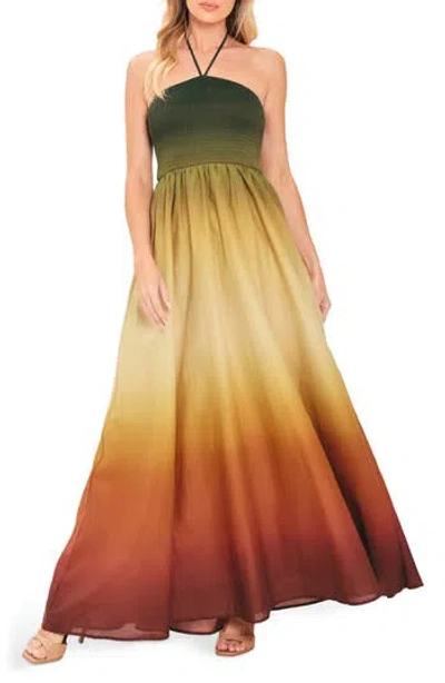Flying Tomato Ombré Halter Neck Cotton Maxi Dress In Olive Rust