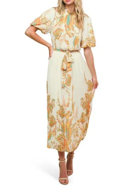 Flying Tomato Paisley Puff Sleeve Plissé Midi Dress In Animal Print