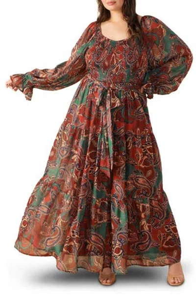 Flying Tomato Paisley Smocked Long Sleeve Maxi Dress In Red