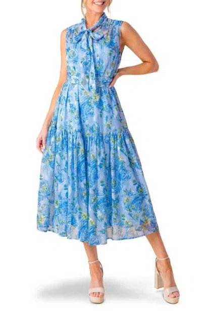 Flying Tomato Paisley Tie Neck Sleeveless Chiffon Midi Dress In Blue