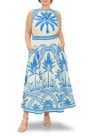 Flying Tomato Palm Print Cotton Midi Dress In Blue