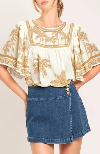 Flying Tomato Palm Print Flutter Sleeve Top In Brown