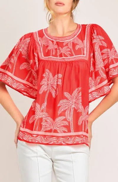 Flying Tomato Palm Print Flutter Sleeve Top In Red
