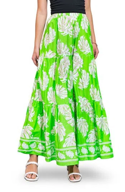 Flying Tomato Palm Print Tiered Cotton Maxi Skirt In Green