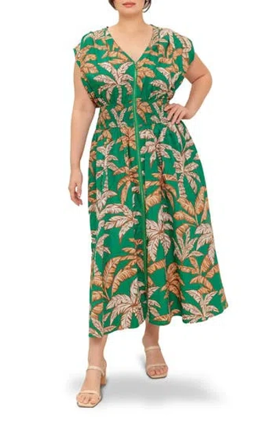 Flying Tomato Palm Zip Front Maxi Dress In Green