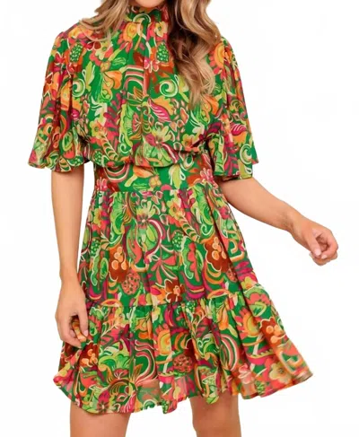 Flying Tomato Patterned Woven Mini Dress In Multi Green In Burgundy