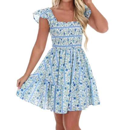 FLYING TOMATO PETAL PLAY FLORAL MINI DRESS IN IVORY/BLUE