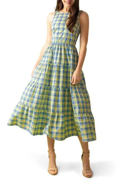 Flying Tomato Plaid Tiered Cotton Midi Dress In Yellow Blue