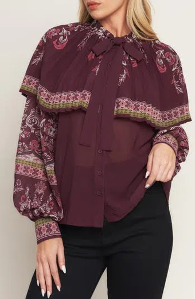 Flying Tomato Pleated Cape Tie Neck Shirt In Burgundy