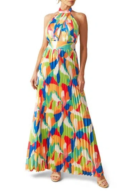 Flying Tomato Pleated Halter Neck Maxi Dress In Green Orange