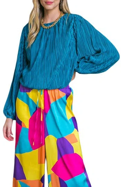 Flying Tomato Pleated Textured Long Sleeve Top In Teal