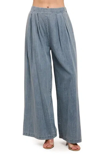 Flying Tomato Pleated Wide Leg Pants In Light Indigo