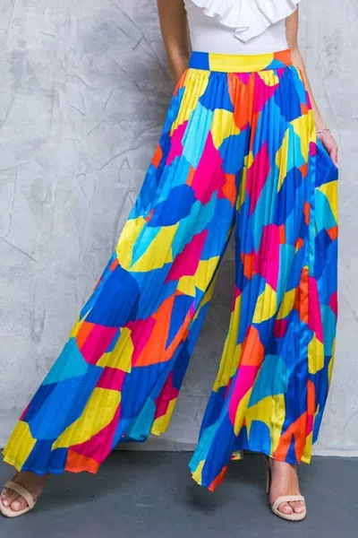 Flying Tomato Pleated Woven Pant In Blue/fuchsia In Multi