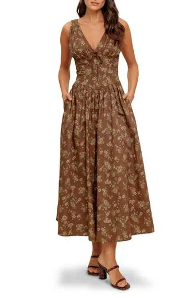 Flying Tomato Plunge Neck Cotton Midi Dress In Brown