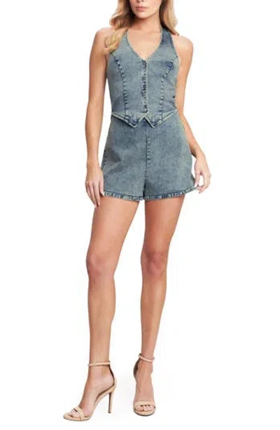 Flying Tomato Plunge Neck Halter Denim Romper In Denim Acid